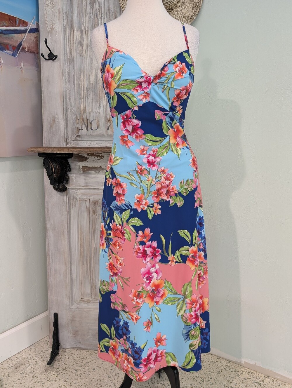 Guess Floral Spaghetti-Strap Midi Dress in Blue, Navy and Pink